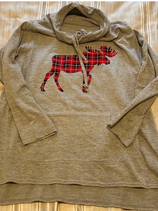 Tops - GRAY w/RED & BLACK PLAID MOOSE COWL NECK SWEATSHIRT Women’s 1X
